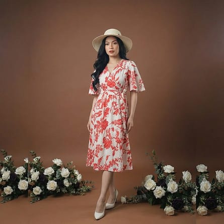 Women-dress-with-red-floral-print-v-neck-short-sleeves-and-a-line-silhouette