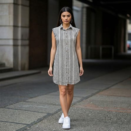 Black-and-white-vertical-striped-sleeveless-shirt-dress-with-collar-and-button-down-front