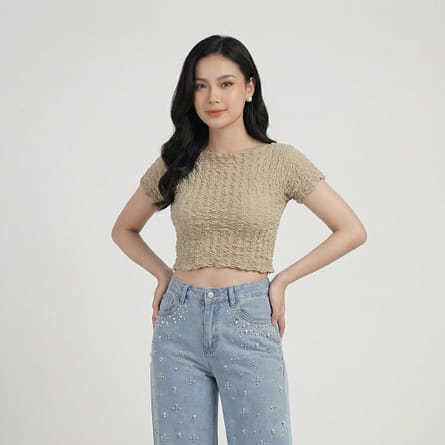 Beige-textured-short-sleeve-cropped-top-for-women