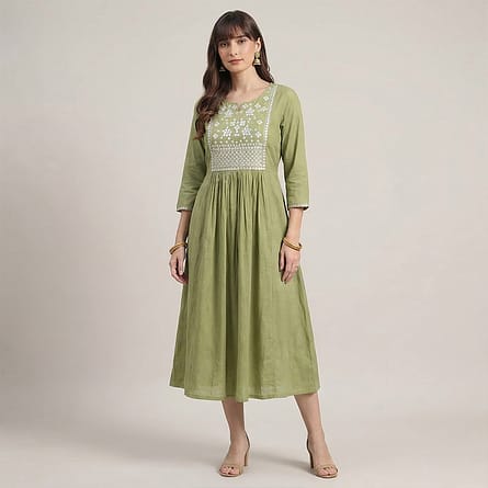 Green-embroidered-A-line-kurta-dress