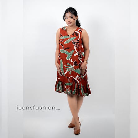 Brown-floral-printed-sleeveless-mini-dress-with-V-neck-and-ruffle-hem