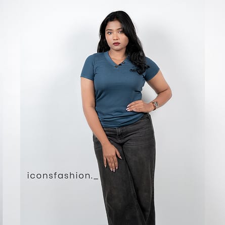 Blue-ribbed-button-neck-short-sleeve-top