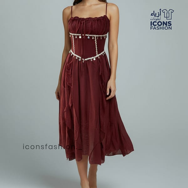 Maroon-midi-dress-for-women-with-thin-straps-fitted-bodice-and-decorative-lace-detailing