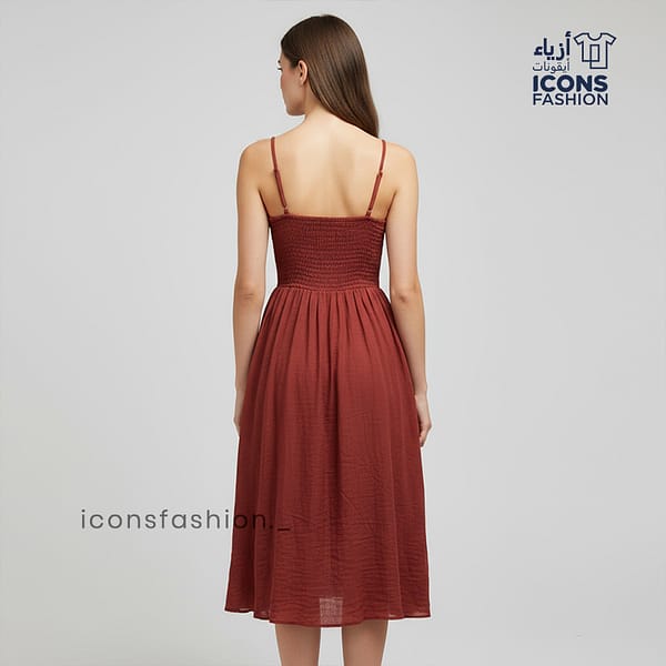 Maroon-midi-dress-for-women-with-thin-straps-fitted-bodice-and-decorative-lace-detailing