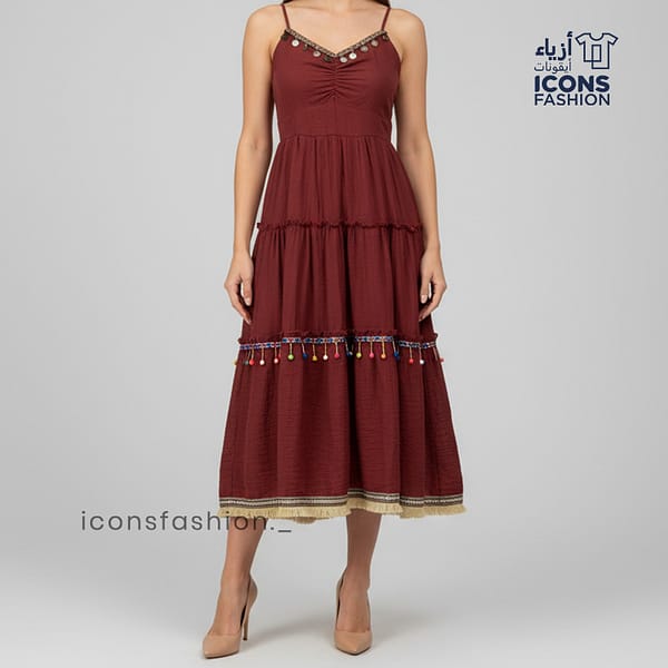 Maroon-midi-dress-with-spaghetti-straps-V-neck-ruched-bodice-tiered-skirt-tassel-details