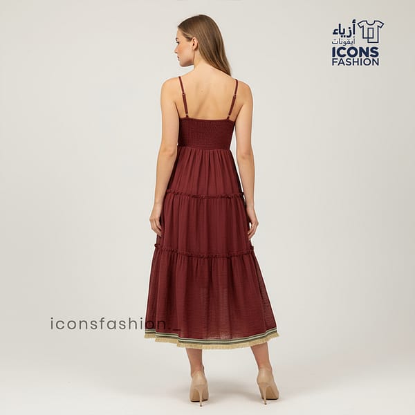 Maroon-midi-dress-with-spaghetti-straps-V-neck-ruched-bodice-tiered-skirt-tassel-details