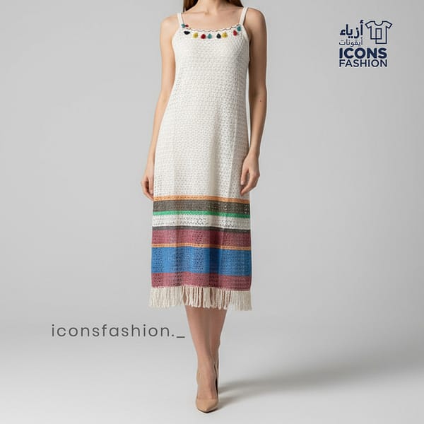 white-women-midi-dress-with-noodle-straps-straight-neckline-multicolor-hem-stripe-and-fringe-tassel