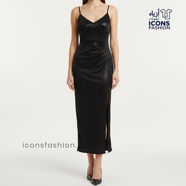 Black-shimmery-sleeveless-midi-dress-with-adjustable-spaghetti-straps-V-neckline-and-side-slit