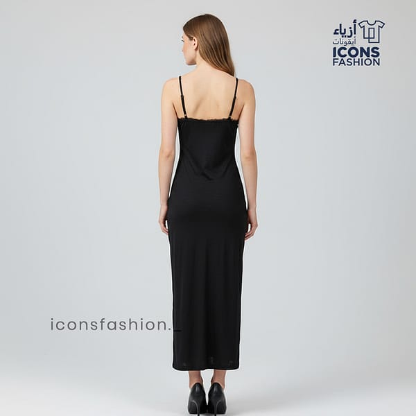 black-shimmery-sleeveless-midi-dress-with-adjustable-spaghetti-straps-V-neckline-and-side-slit