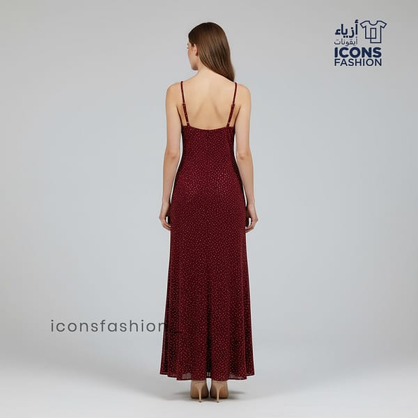Red-lurex-maxi-dress-with-a-dotted-shimmer-finish-sleeveless-design-thin-spaghetti-straps-V-neckline-and-a-high-front-thigh-slit