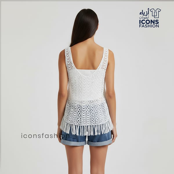 White-sleeveless-crochet-top-for-women-deep-V-neck-lace-knit-pattern-scalloped-hem-stylish-beachwear-and-summer wear