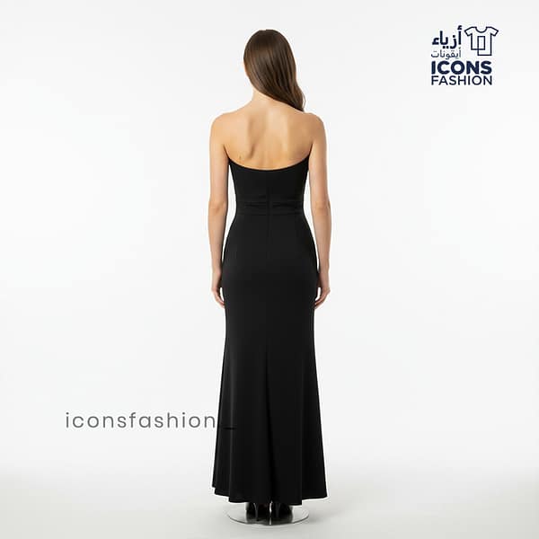 Black-strapless-long-evening-gown-for-women-featuring-feather-trim-neckline-slim-fit-silhouette-and-front-thigh-high-slit-elegant-formal-wear