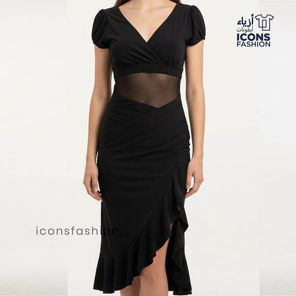 Black-bodycon-party-wear-dress-for-women-with-V-neckline-short-puff-sleeves-sheer-mesh-waist-panel-and-asymmetric-ruffle-hem
