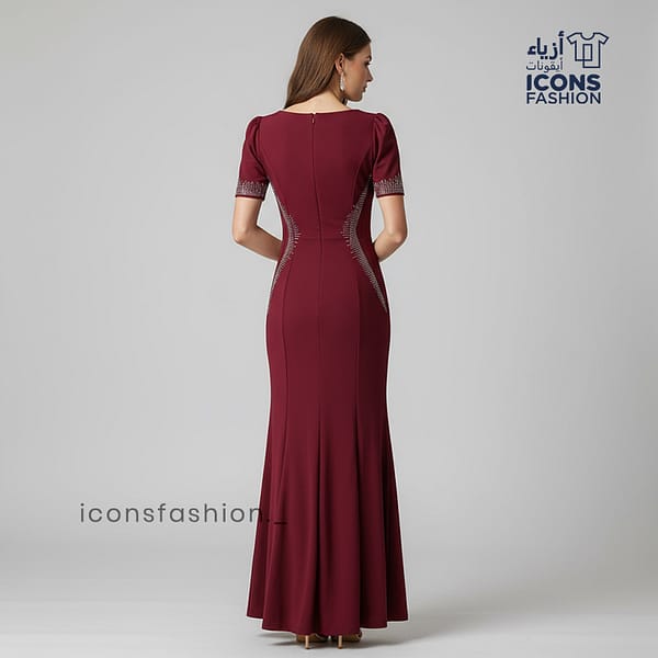 Maroon-long-evening-dress-for-women-round-neckline-embellished-side-panels-short-puff-sleeves-floor-length-slim-fit-silhouette-elegant-party-wear-gown