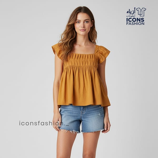 Mustard-yellow-square-neck-pleated-peplum-top-with-short-ruffle-sleeves