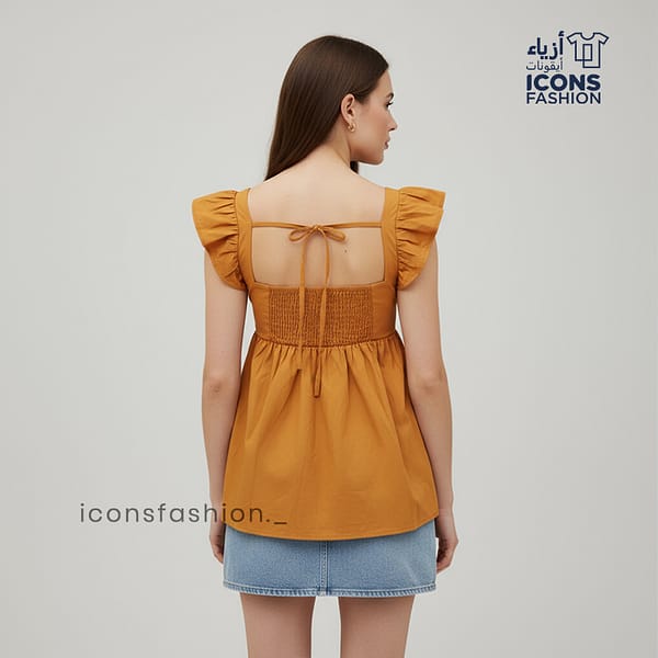 Mustard-yellow-square-neck-pleated-peplum-top-with-short-ruffle-sleeves