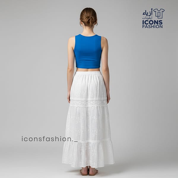 White-embroidered-tiered-maxi-skirt-for-women-with-elastic-waist-and-flared-design