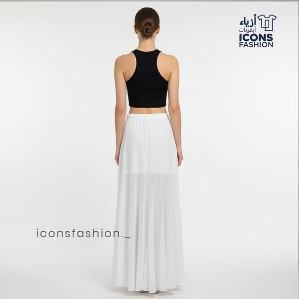 Women's-white-asymmetric-high-low-midi-skirt-with-elastic-and-flowy-crepe-fabric