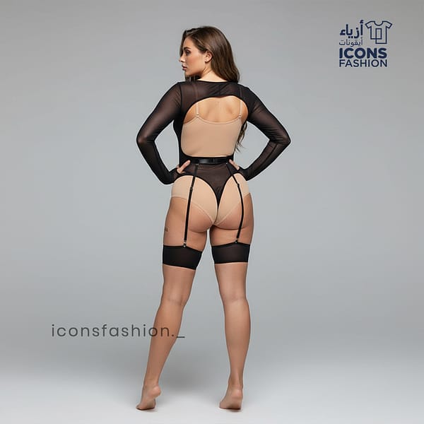 Women-black-sheer-mesh-lingerie-bodysuit-long-sleeve-high-cut-with-adjustable-garter-straps