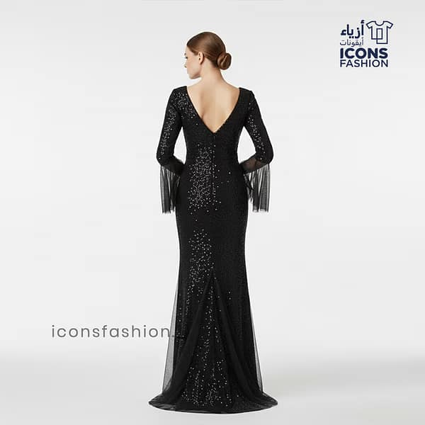 Black-women’s-black-sequin-mermaid-gown-with-deep-V-neck,-3/4-sleeves,-and-flared-mesh-cuffs