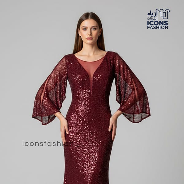 Wine-red-women-sequin-mermaid-gown-with-deep-V-neckline-sheer-mesh-insert-and-flared-bell-sleeves