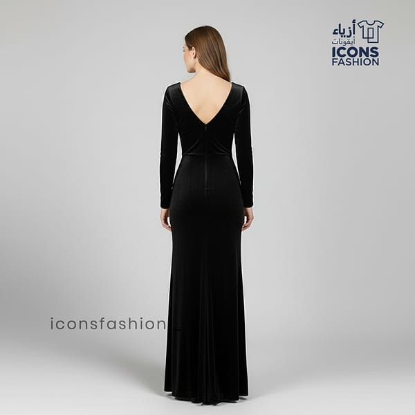 Black-women's-velvet-cut-out-gown-with-deep-V-neck-long-sleeves-twist-knot-front-and-floor-length-design