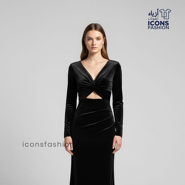 Black-women's-velvet-cut-out-gown-with-deep-V-neck-long-sleeves-twist-knot-front-and-floor-length-design