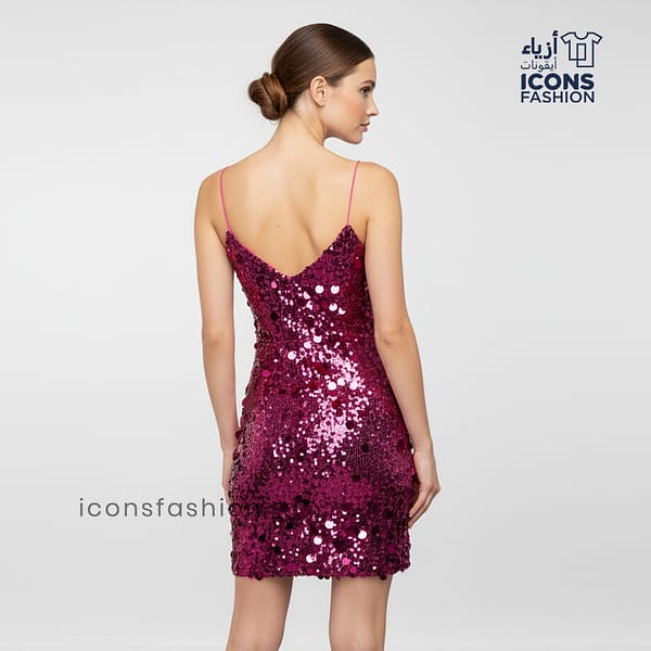 Pink-women-sequin-mini-dress-v-neck-spaghetti-straps-party-wear-dress