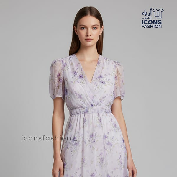 Lavender-women's-floral-chiffon-midi-dress-V-neck-puff-sleeve-summer-wear-dress