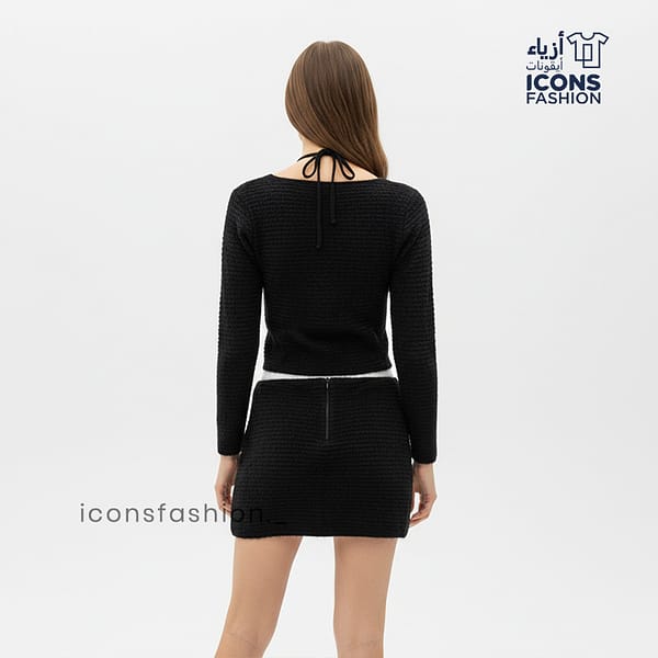 Black-women-fuzzy-three-piece-co-ord-set-cropped-cardigan-halter-bralette-mini-skirt-winter-wear-outfit