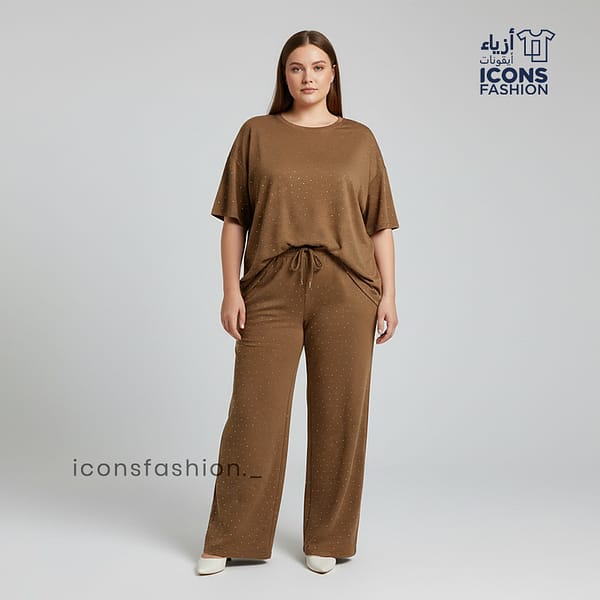 Coffee-brown-printed-co-ord-set-for-women-with-round-neck-top-and-wide-leg-pants