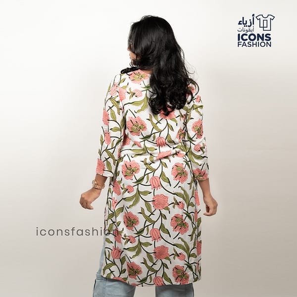 White-cotton-blend-straight-kurti-with-pink-floral-print-round-neck-3/4-sleeves-and-below-knee-length-design-for-women