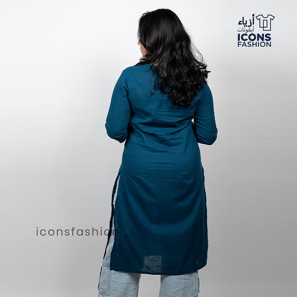 Teal-blue-cotton-blend-straight-kurta-for-women-with-embroidered-yoke-round-neck-3/4-sleeves-and-side-slits-styled-with-light-blue-bottoms