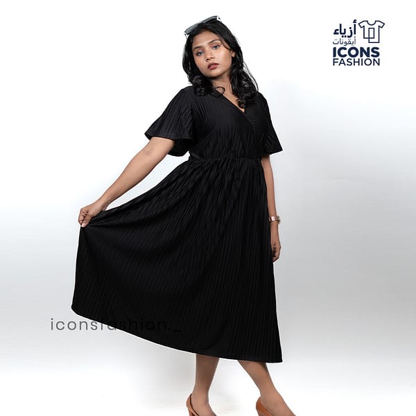 Women-black-pleated-midi-dress-with-v-neck-and-short-flutter-sleeves-for-party-wear