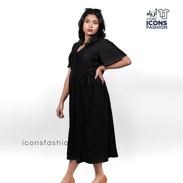 Women-black-pleated-midi-dress-with-v-neck-and-short-flutter-sleeves-for-party-wear