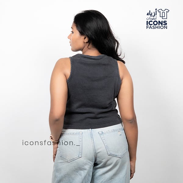 Woman-black-sleeveless-ribbed-tank-top-with-slim-fit-and-high-round-neckline