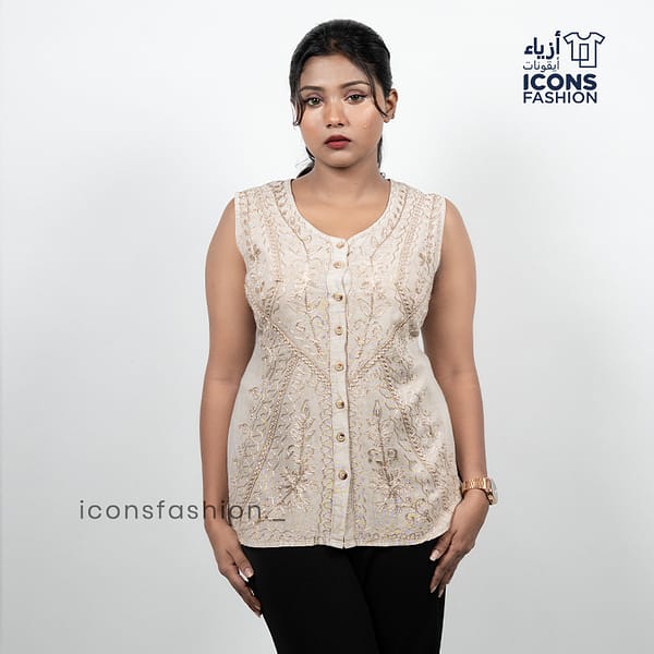 Beige-embroidered-sleeveless-top-for-women-with-front-button-closure