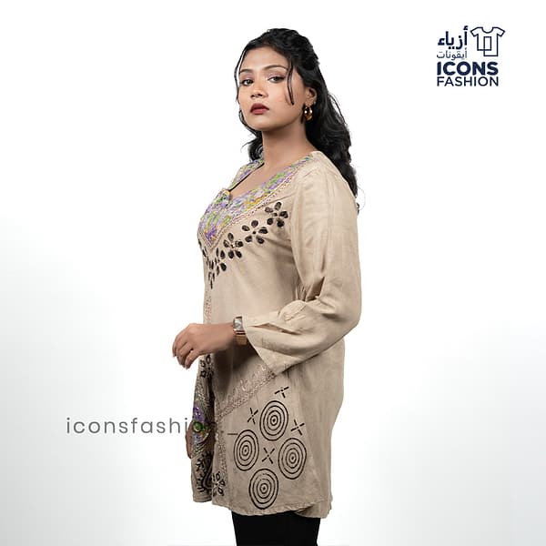 Beige-printed-flared-ethnic-dress-for-women-with-v-neck-and-long-sleeves