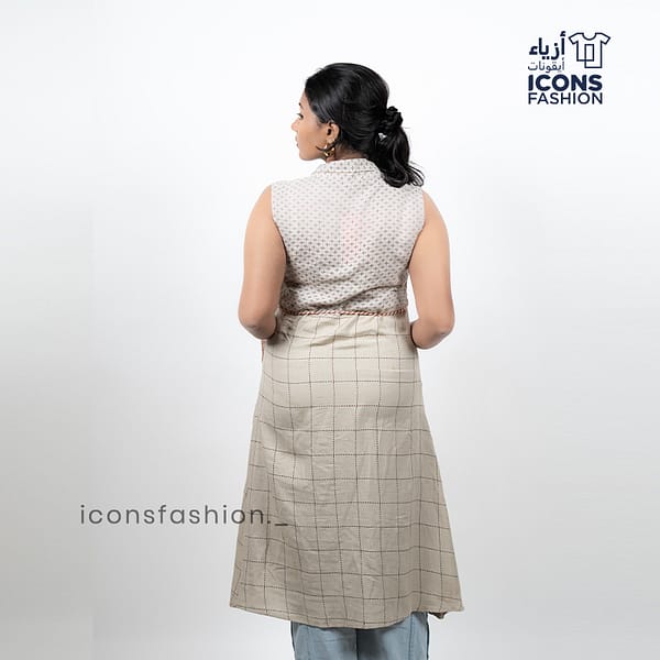 Beige-sleeveless-printed-straight-kurti-for-women-with-mandarin-collar-and-button-front