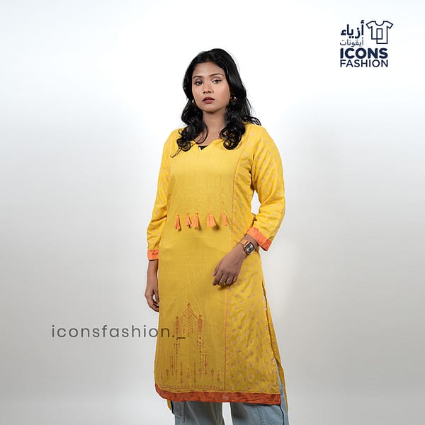 Yellow-printed-straight-kurti-for-women-with-v-neck-long-sleeves-and-waist-tassel-tie