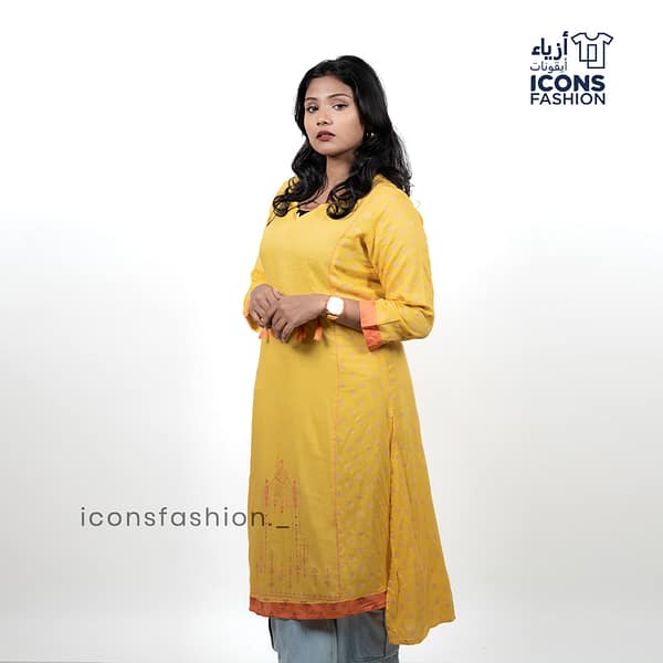 Yellow-printed-straight-kurti-for-women-with-v-neck-long-sleeves-and-waist-tassel-tie