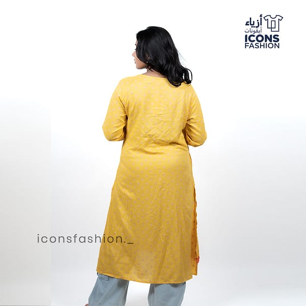 Yellow-printed-straight-kurti-for-women-with-v-neck-long-sleeves-and-waist-tassel-tie