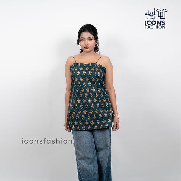 Dark-green-printed-sleeveless-spaghetti-strap-top-for-women-with-back-tie-up-detail