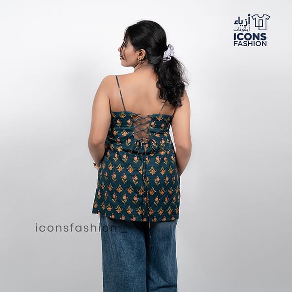 Dark-green-printed-sleeveless-spaghetti-strap-top-for-women-with-back-tie-up-detail
