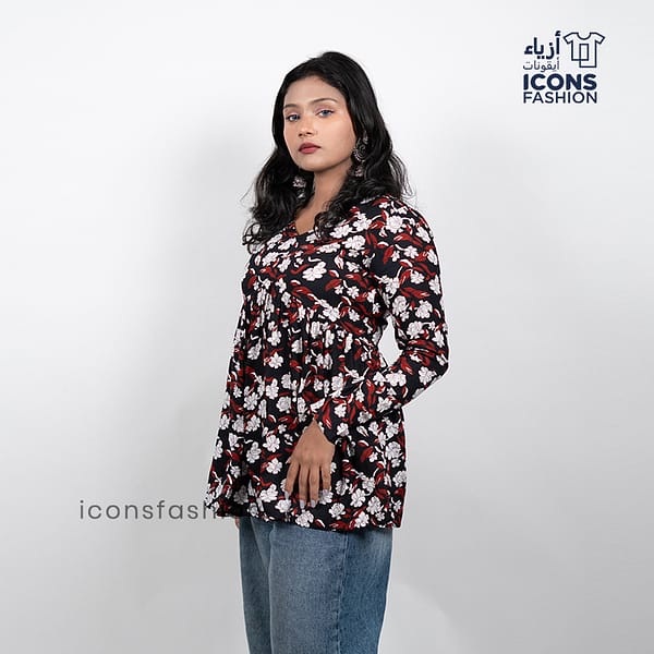 Black-floral-print-v-neck-long-sleeve-peplum-top-for-women