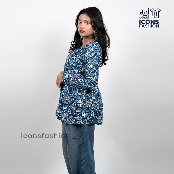 Blue-floral-print-v-neck-long-sleeve-peplum-top-for-women