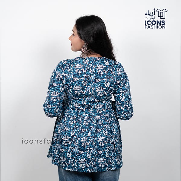 Blue-floral-print-v-neck-long-sleeve-peplum-top-for-women