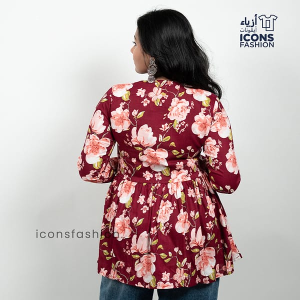 Burgundy-floral-print-v-neck-long-sleeve-casual-top-for-women