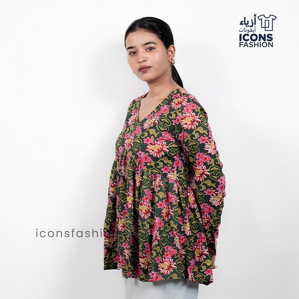 Olive-green-floral-print-v-neck-long-sleeve-kurta-for-women