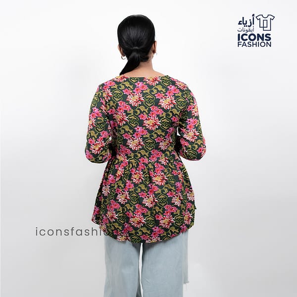 Olive-green-floral-print-v-neck-long-sleeve-kurta-for-women